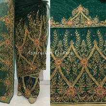 Load image into Gallery viewer, Splashy Nigerian Green Gold & Red Stone Beaded Net Lace George Wrapper Set - NLDG269