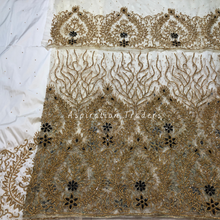 Load image into Gallery viewer, Warm White with Heavy Gold Stone Beaded Net Lace George Wrapper Set - NLDG272