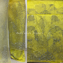 Load image into Gallery viewer, Neutral Yellow Heavy Crystal Stone Beaded Net Lace George Wrapper Set - NLDG276