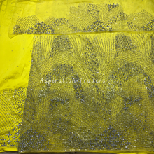 Load image into Gallery viewer, Neutral Yellow Heavy Crystal Stone Beaded Net Lace George Wrapper Set - NLDG276