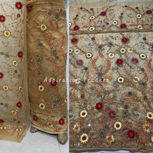 Load image into Gallery viewer, Stunning Gold French Beaded With Flower Work Designer George Wrapper Set - NLDG280