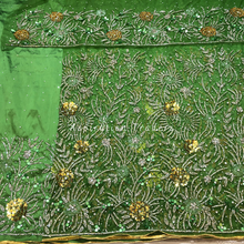 Load image into Gallery viewer, Glossy Olive Green Heavy Silver Stone beaded with 3d flower Work George Wrapper Set - NLDG283