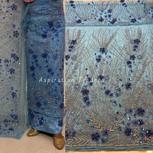Load image into Gallery viewer, Sleek Sky Blue Silver Stone Beaded with Blue flower Work Net Lace George Wrapper Set - NLDG285