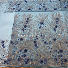 Load image into Gallery viewer, Sleek Sky Blue Silver Stone Beaded with Blue flower Work Net Lace George Wrapper Set - NLDG285