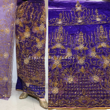 Load image into Gallery viewer, Fiery Purple Heavy Gold Stone Beaded Net Lace George Wrapper Set - NLDG286