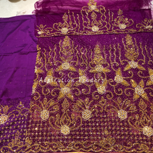 Load image into Gallery viewer, Fiery Purple Heavy Gold Stone Beaded Net Lace George Wrapper Set - NLDG286