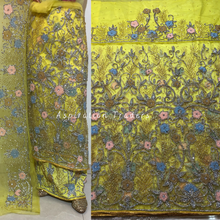 Load image into Gallery viewer, Graceful Yellow Heavy Silver Stone & Pestal French Beaded flower Work Net Lace George Wrapper Set - NLDG289