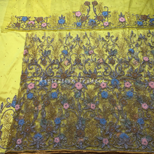 Load image into Gallery viewer, Graceful Yellow Heavy Silver Stone & Pestal French Beaded flower Work Net Lace George Wrapper Set - NLDG289