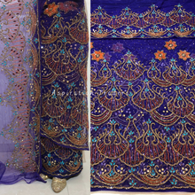 Load image into Gallery viewer, Radiant Red Heavy Sky Blue & Red stone French Beaded Net Lace George Wrapper Set - NLDG293