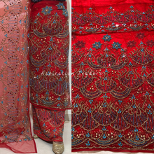 Load image into Gallery viewer, Radiant Red Heavy Sky Blue & Red stone French Beaded Net Lace George Wrapper Set - NLDG293