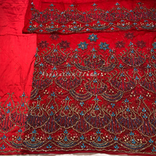 Load image into Gallery viewer, Radiant Red Heavy Sky Blue & Red stone French Beaded Net Lace George Wrapper Set - NLDG293
