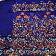 Load image into Gallery viewer, Radiant Red Heavy Sky Blue & Red stone French Beaded Net Lace George Wrapper Set - NLDG293