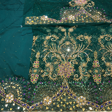 Load image into Gallery viewer, Subtle Teal Green Heavy RhineStone Beaded With Mirror Work Net Lace George Wrapper Set with Blouse   - NLDG300