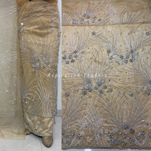 Load image into Gallery viewer, Soothing Beige Crystal Stone Freanch Beaded  Net Lace George Wrapper Set with  Blouse   - NLDG307