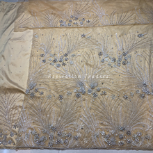 Load image into Gallery viewer, Soothing Beige Crystal Stone Freanch Beaded  Net Lace George Wrapper Set with  Blouse   - NLDG307