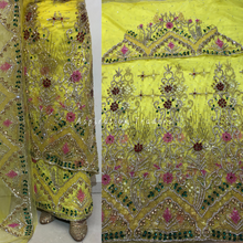 Load image into Gallery viewer, Exclusive Yellow Heavy Multi Colour Crystal Stone Beaded Net Lace George Wrapper Set with  Blouse   - NLDG309