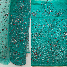 Load image into Gallery viewer, Fresh Sea Green with Heavy RhineStone Beaded Net Lace George Wrapper Set with  Blouse   - NLDG310