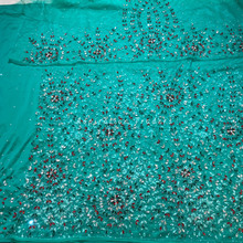 Load image into Gallery viewer, Fresh Sea Green with Heavy RhineStone Beaded Net Lace George Wrapper Set with  Blouse   - NLDG310