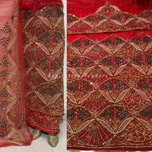 Load image into Gallery viewer, Stunning Red Heavy Crystal Stone Net Lace George Wrapper Set with  Blouse   - NLDG311