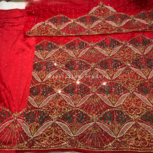 Load image into Gallery viewer, Stunning Red Heavy Crystal Stone Net Lace George Wrapper Set with  Blouse   - NLDG311