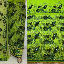 Load image into Gallery viewer, Graceful Lemon Green French Sequine Beaded Net Lace George Wrapper Set with  Blouse   - NLDG316