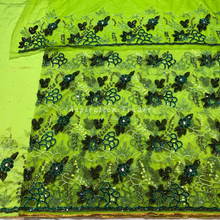 Load image into Gallery viewer, Graceful Lemon Green French Sequine Beaded Net Lace George Wrapper Set with  Blouse   - NLDG316