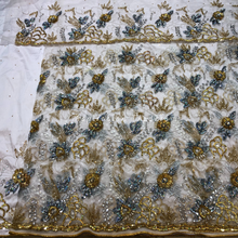 Load image into Gallery viewer, Graceful Lemon Green French Sequine Beaded Net Lace George Wrapper Set with  Blouse   - NLDG316
