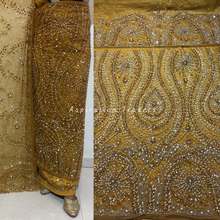 Load image into Gallery viewer, Rich Mustard Yellow Heavy Crystal stone Beaded designer Net Lace George Wrapper Set with  Blouse   - NLDG320
