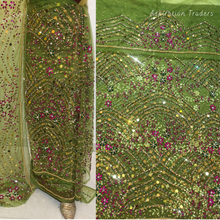 Load image into Gallery viewer, Fresh Olive Green Heavy Crystal Stone beaded Net Lace George Wrapper Set with Blouse - NLDG326