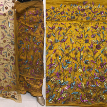 Load image into Gallery viewer, Mustard Yellow Sequined beaded Net Lace George Wrapper Set with Blouse - NLDG328