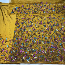 Load image into Gallery viewer, Mustard Yellow Sequined beaded Net Lace George Wrapper Set with Blouse - NLDG328