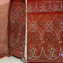 Load image into Gallery viewer, Burnt Orange Heavy Crystal Stone beaded Net Lace George Wrapper Set - NLDG337