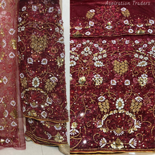 Load image into Gallery viewer, Bold maroon crystal stone beaded work Net Lace George Wrapper Set - NLDG340