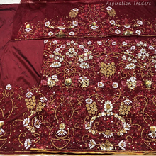 Load image into Gallery viewer, Bold maroon crystal stone beaded work Net Lace George Wrapper Set - NLDG340