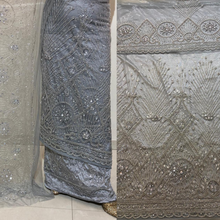 Load image into Gallery viewer, Silver color pearl beaded work Net Lace George Wrapper Set - NLDG343