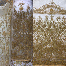 Load image into Gallery viewer, Alluring White and Gold Heavy Beaded Designer Net Lace George wrapper Set - NLDG177