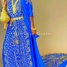 Load image into Gallery viewer, Royal Blue Traditional Gold Beaded Rhinestone Work Satin Fabric Somali Dress - SD005