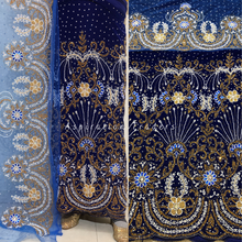 Load image into Gallery viewer, Smoky Royal Blue Velvet Fabric with Heavy Beaded & Crystal Stone George wrapper set - VG062