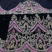 Load image into Gallery viewer, Trendy Navy Blue Velvet With Heavy Silver & Pink Stone Beaded George Wrapper set - VG063