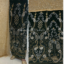 Load image into Gallery viewer, Rich Nigerian Green Mirror work & Crystal Stone Beaded Velvet George Wrapper Set With Gold Contrast Blouse - VG064
