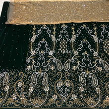 Load image into Gallery viewer, Rich Nigerian Green Mirror work & Crystal Stone Beaded Velvet George Wrapper Set With Gold Contrast Blouse - VG064