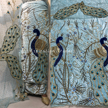 Load image into Gallery viewer, Aquatic Powder Blue Heavy Stone Work Peacock Design Velvet George Wrapper Set - VG065
