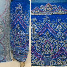 Load image into Gallery viewer, Trendy Navy Blue Velvet With Heavy Silver & Pink Stone Beaded George Wrapper set - VG063