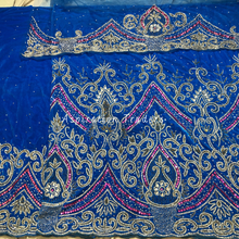 Load image into Gallery viewer, Trendy Navy Blue Velvet With Heavy Silver & Pink Stone Beaded George Wrapper set - VG063