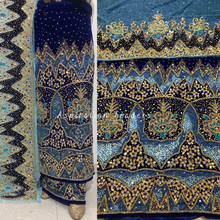 Load image into Gallery viewer, Eye Catching Royal Blue Heavy Crystal Stone Beaded With Net Patch Velvet Fabric George Wrapper Set- VG068