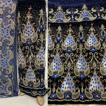 Load image into Gallery viewer, Rich Navy Blue Sequined Work Multi coloured Crystal Stone Beaded Velvet George Wrapper Set - VG069