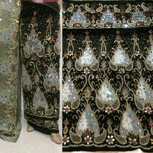 Load image into Gallery viewer, Rich Navy Blue Sequined Work Multi coloured Crystal Stone Beaded Velvet George Wrapper Set - VG069