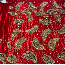 Load image into Gallery viewer, Hot Red Velvet Fabric With Heavy Feather Design Multi Crystal Stone Beaded George Wrapper Set - VG071
