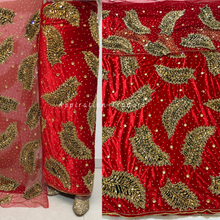 Load image into Gallery viewer, Hot Red Velvet Fabric With Heavy Feather Design Multi Crystal Stone Beaded George Wrapper Set - VG071
