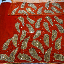Load image into Gallery viewer, Hot Red Velvet Fabric With Heavy Feather Design Multi Crystal Stone Beaded George Wrapper Set - VG071